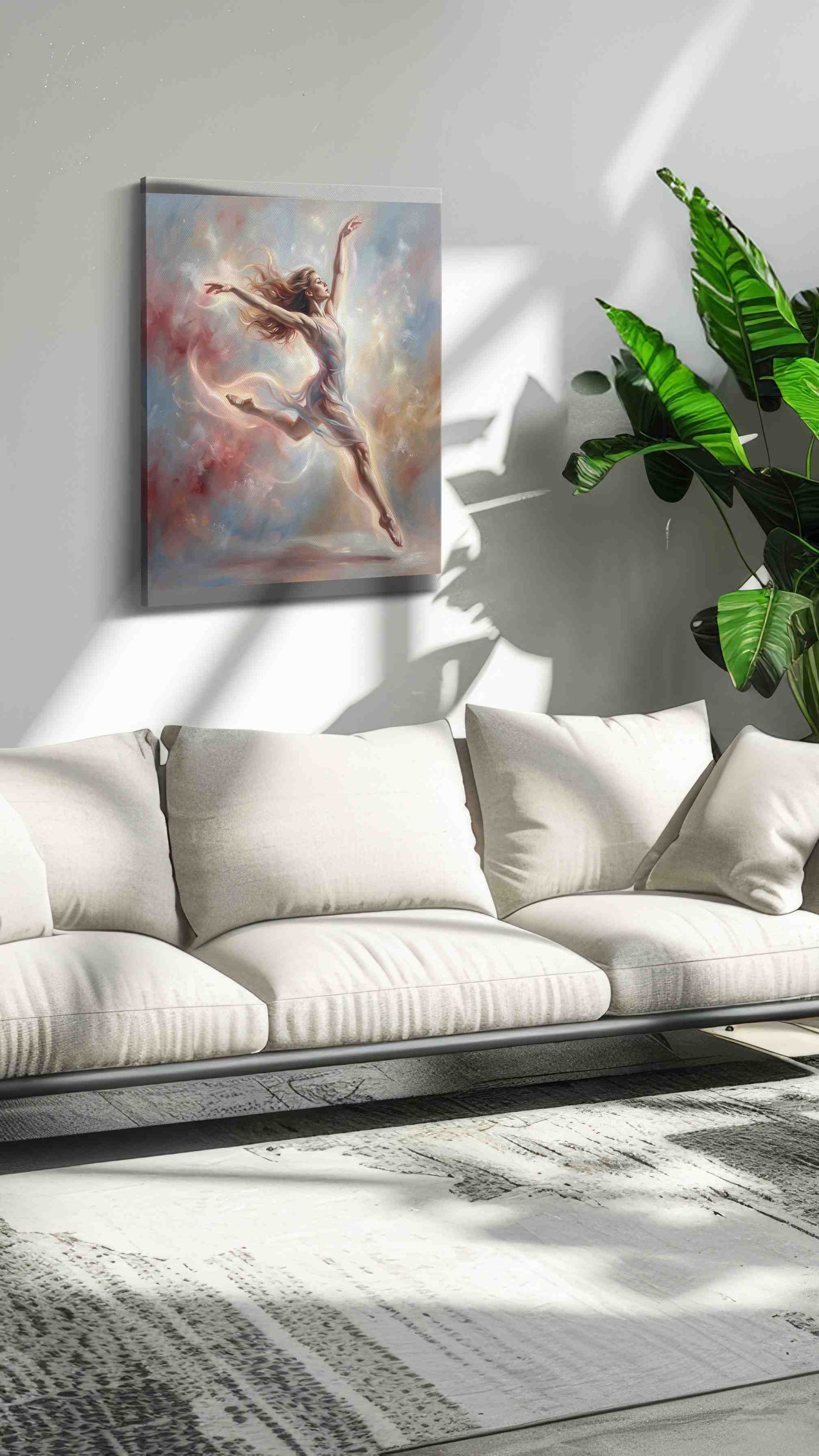 Aurora in Flight dancing canvas print in a modern interior mockup