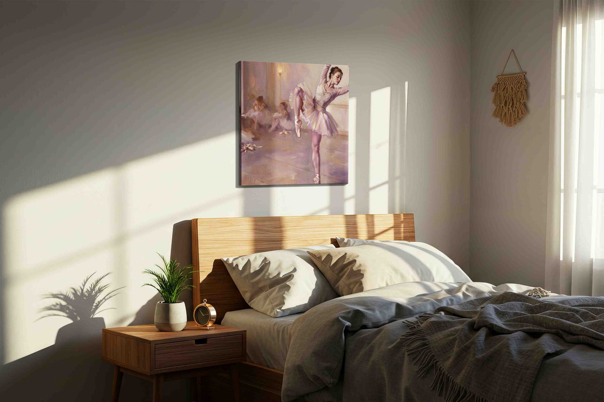 Backstage Rose Reverie dancing canvas print, displayed in a bedroom