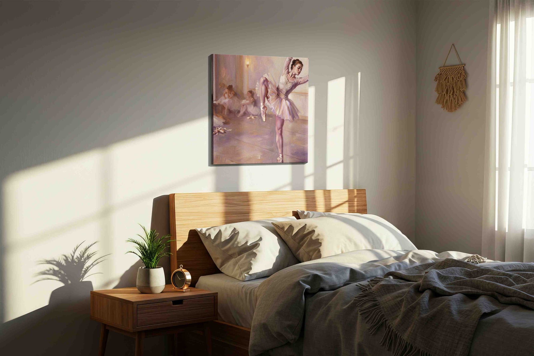 Backstage Rose Reverie dancing canvas print, displayed in a bedroom