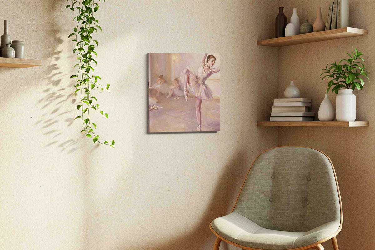 Backstage Rose Reverie dancing canvas print, displayed in a living room