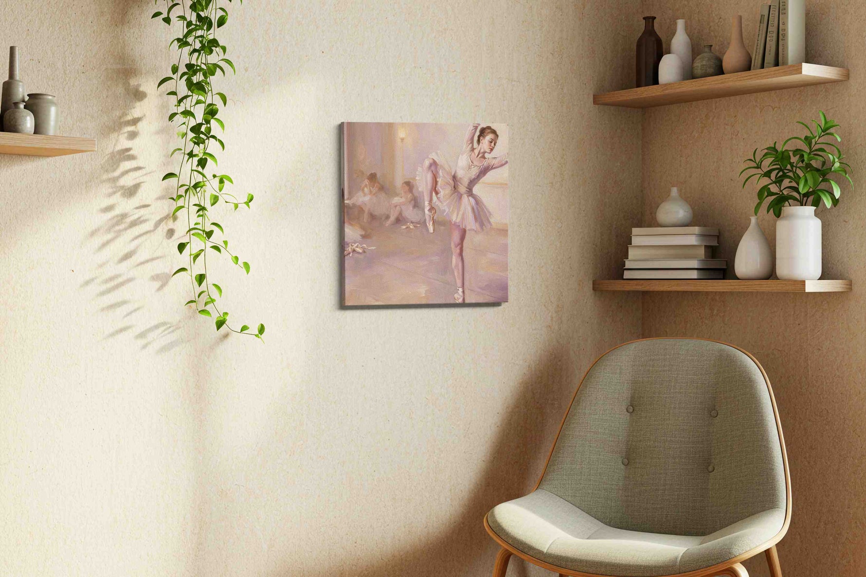 Backstage Rose Reverie dancing canvas print, displayed in a living room