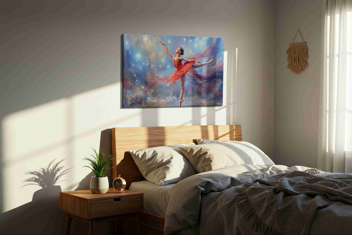 Celestial Arabesque dancing canvas print, displayed in a bedroom