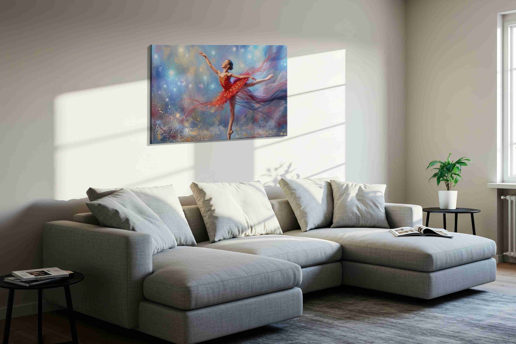 Celestial Arabesque dancing canvas print, displayed in a living room
