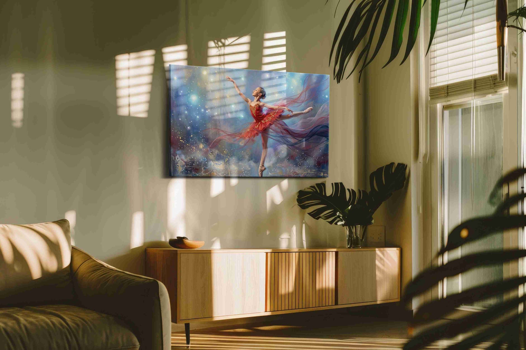 Celestial Arabesque dancing canvas print in a contemporary interior mockup