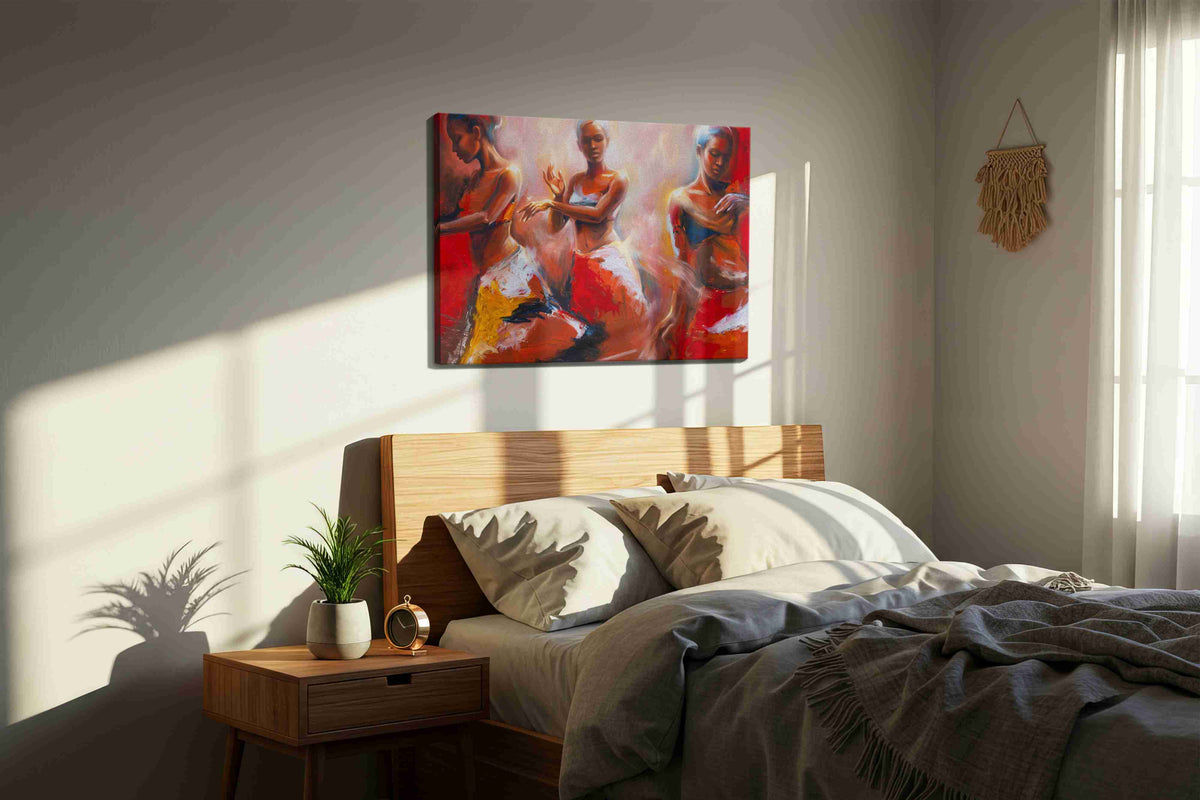 Embers of the Ballet dancing canvas print, displayed in a bedroom