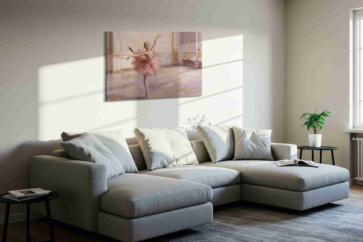 Pirouette in Blush Light dancing canvas print, displayed in a living room