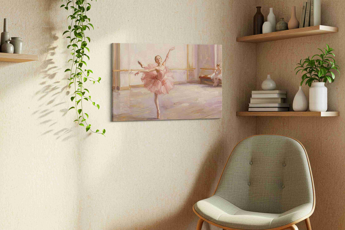 Pirouette in Blush Light dancing canvas print styled in a living room