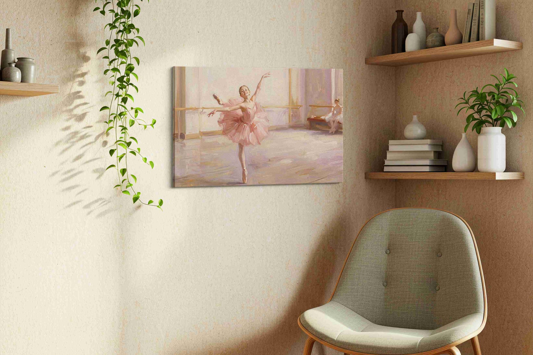Pirouette in Blush Light dancing canvas print styled in a living room