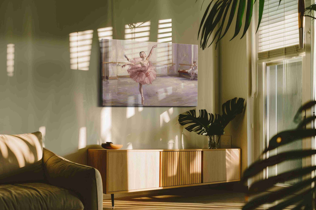 Pirouette in Blush Light dancing canvas print, on wall, lifestyle preview