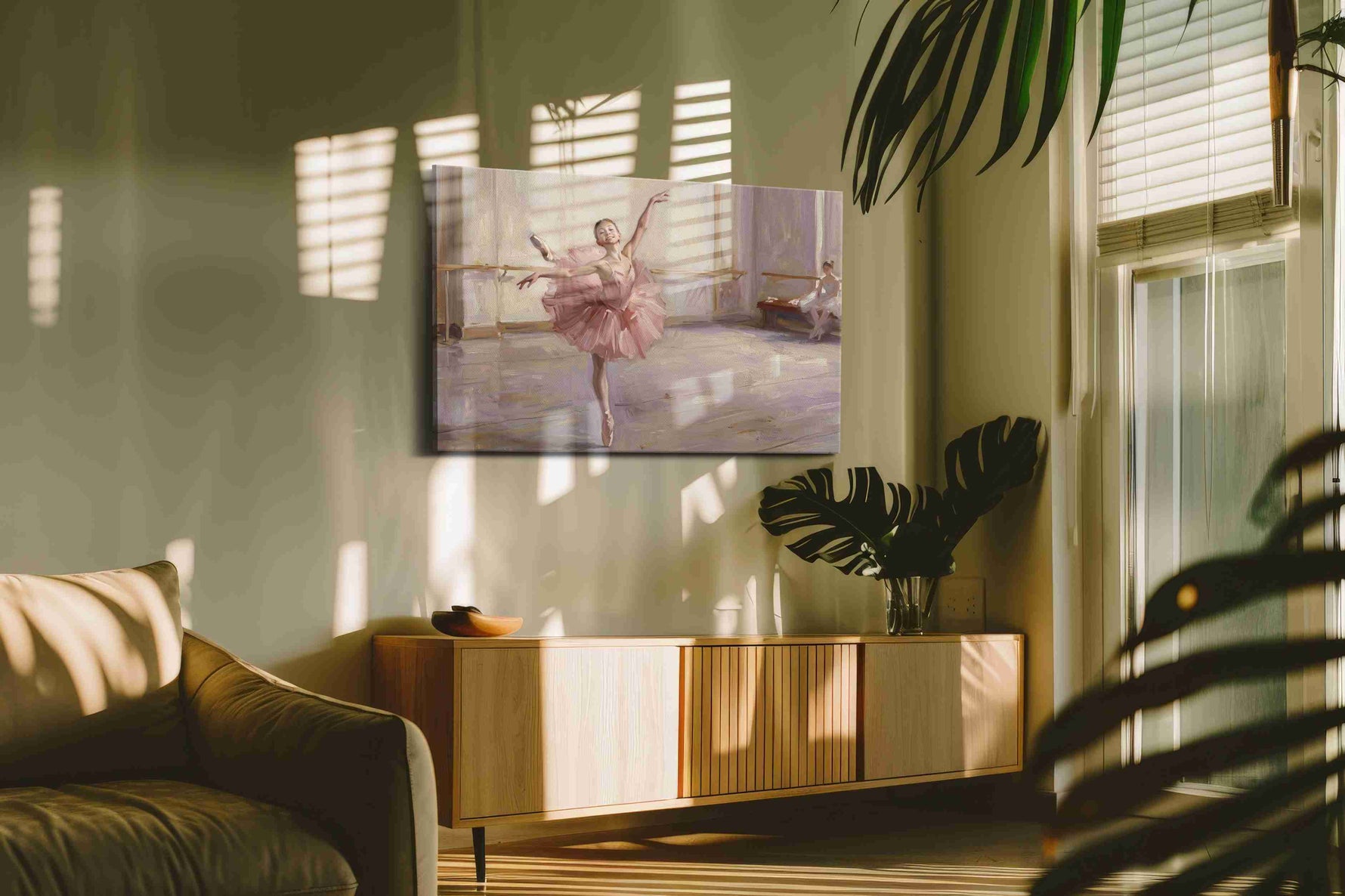 Pirouette in Blush Light dancing canvas print, on wall, lifestyle preview