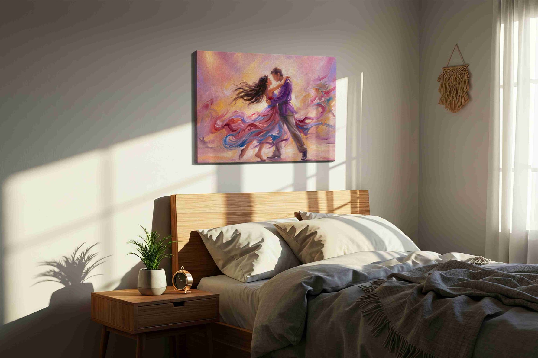 Velvet Whirl of Us dancing canvas print, displayed in a bedroom