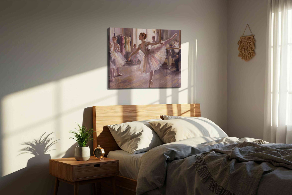 Whispers Before the Ovation dancing canvas print, displayed in a bedroom
