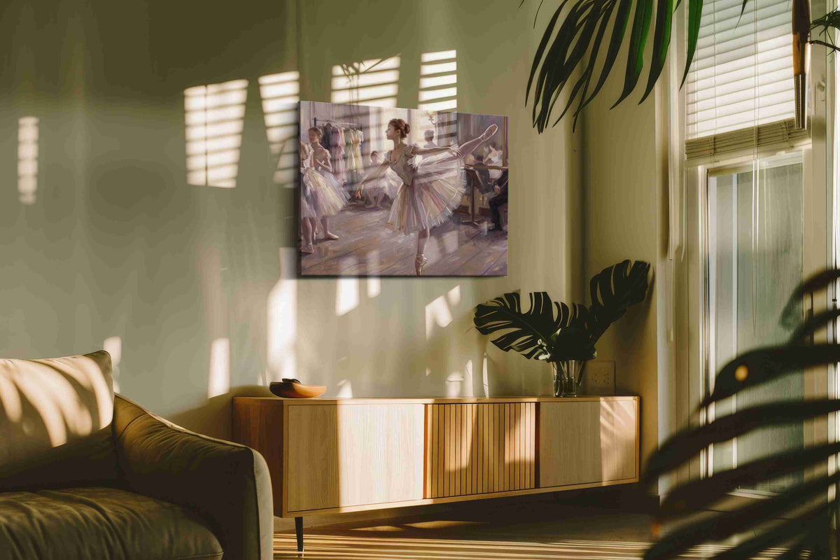 Whispers Before the Ovation dancing canvas print in a hung canvas mockup