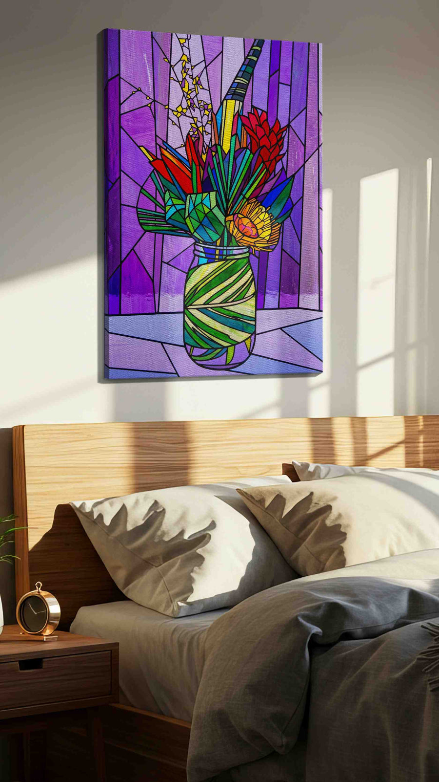 Amethyst Bloom Mosaic floral canvas print, displayed in a bedroom