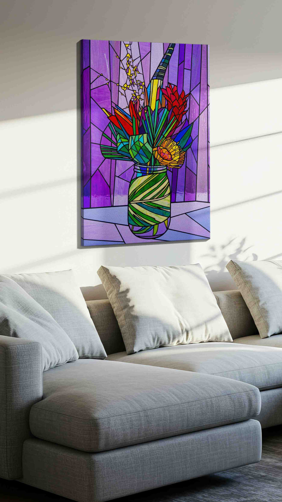 Amethyst Bloom Mosaic floral canvas print, displayed in a living room