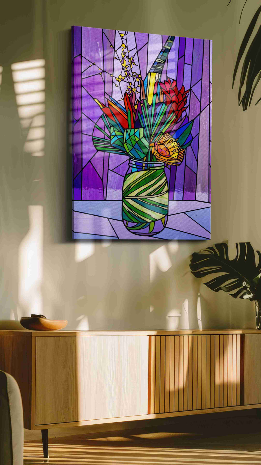 Amethyst Bloom Mosaic floral canvas print, on wall, lifestyle preview