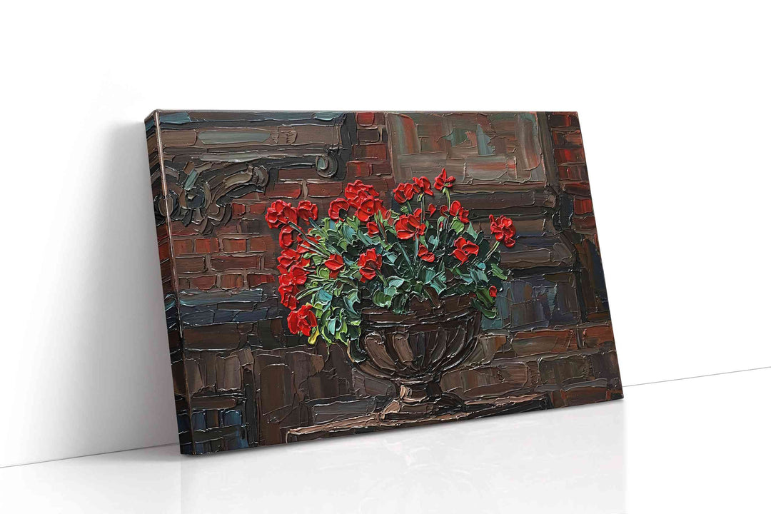 Crimson Blossoms on Brick - Floral Canvas Print, Botanical Wall Art, Flower Canvas Art