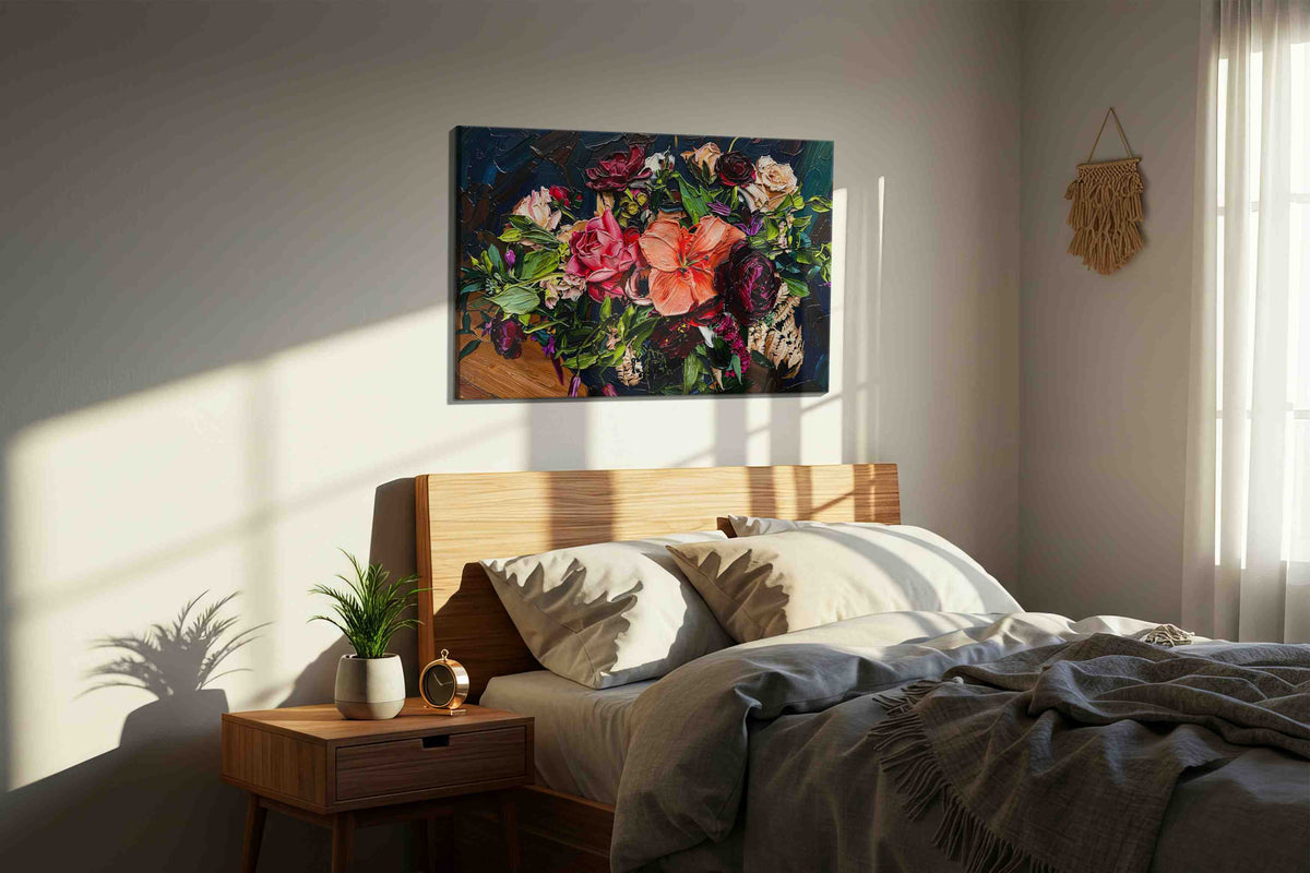 Midnight Petals Ablaze floral canvas print, displayed in a bedroom