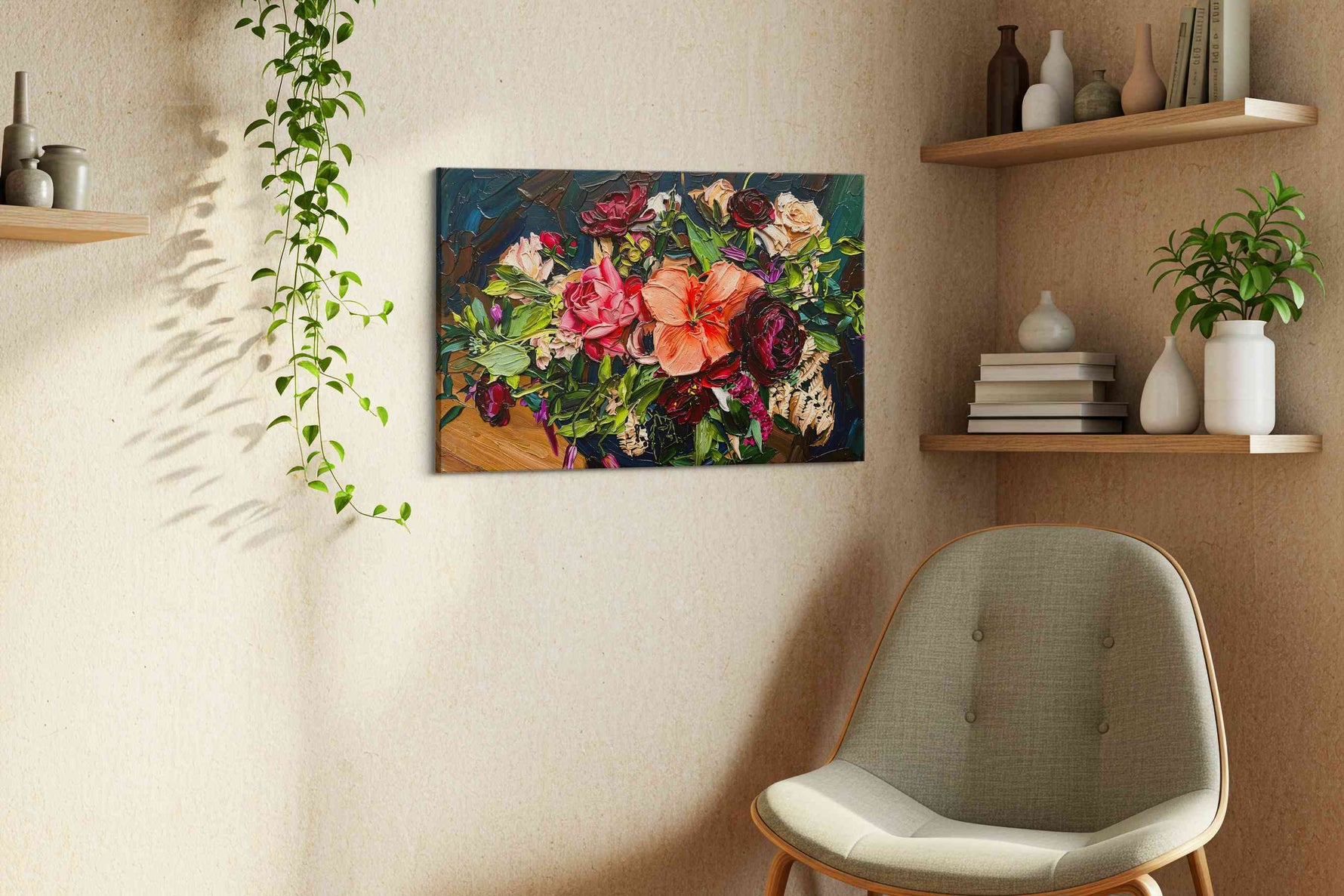 Midnight Petals Ablaze floral canvas print, displayed in a living room
