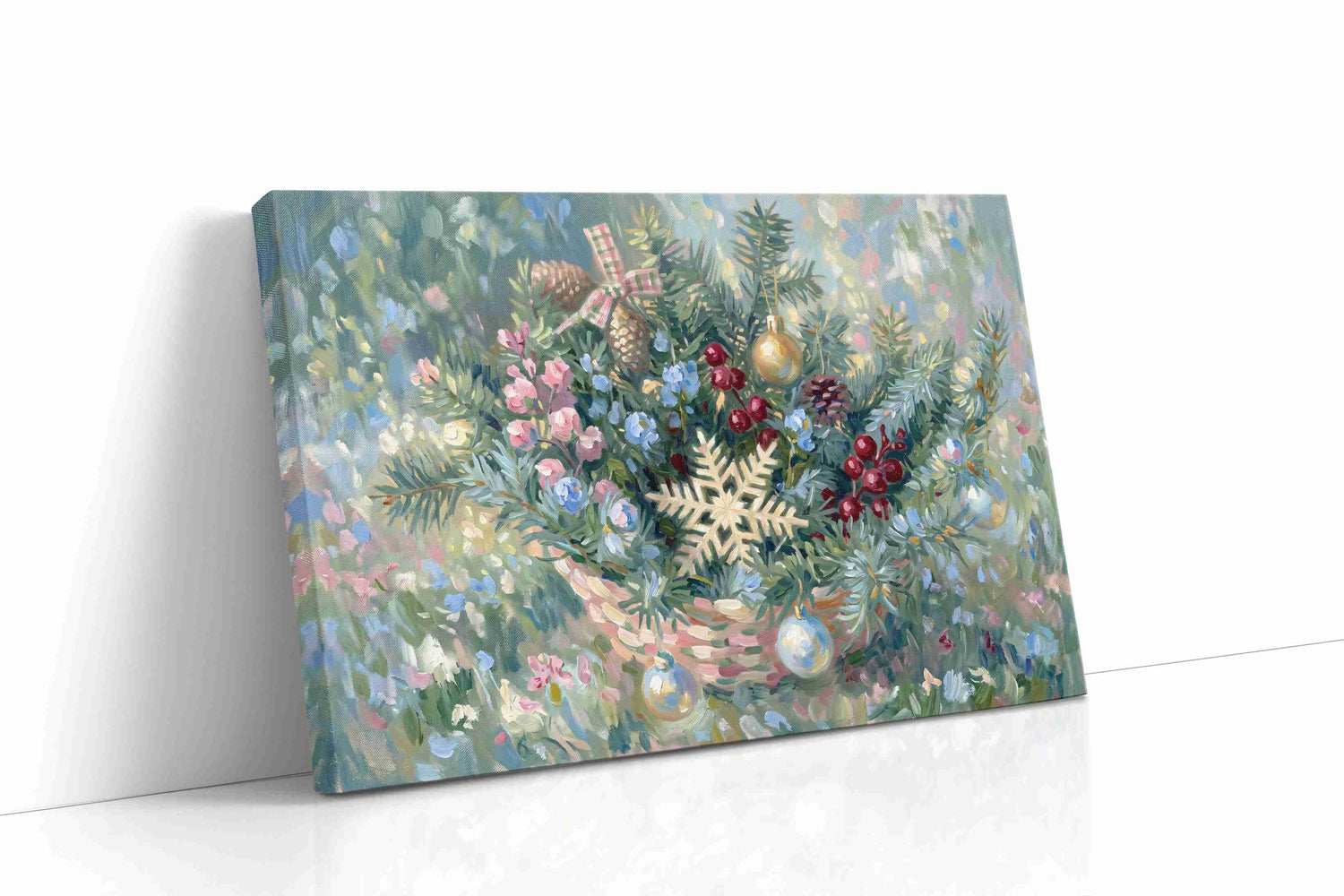 Pastel Yuletide Wreath floral canvas print, gallery-wrapped, ready to hang