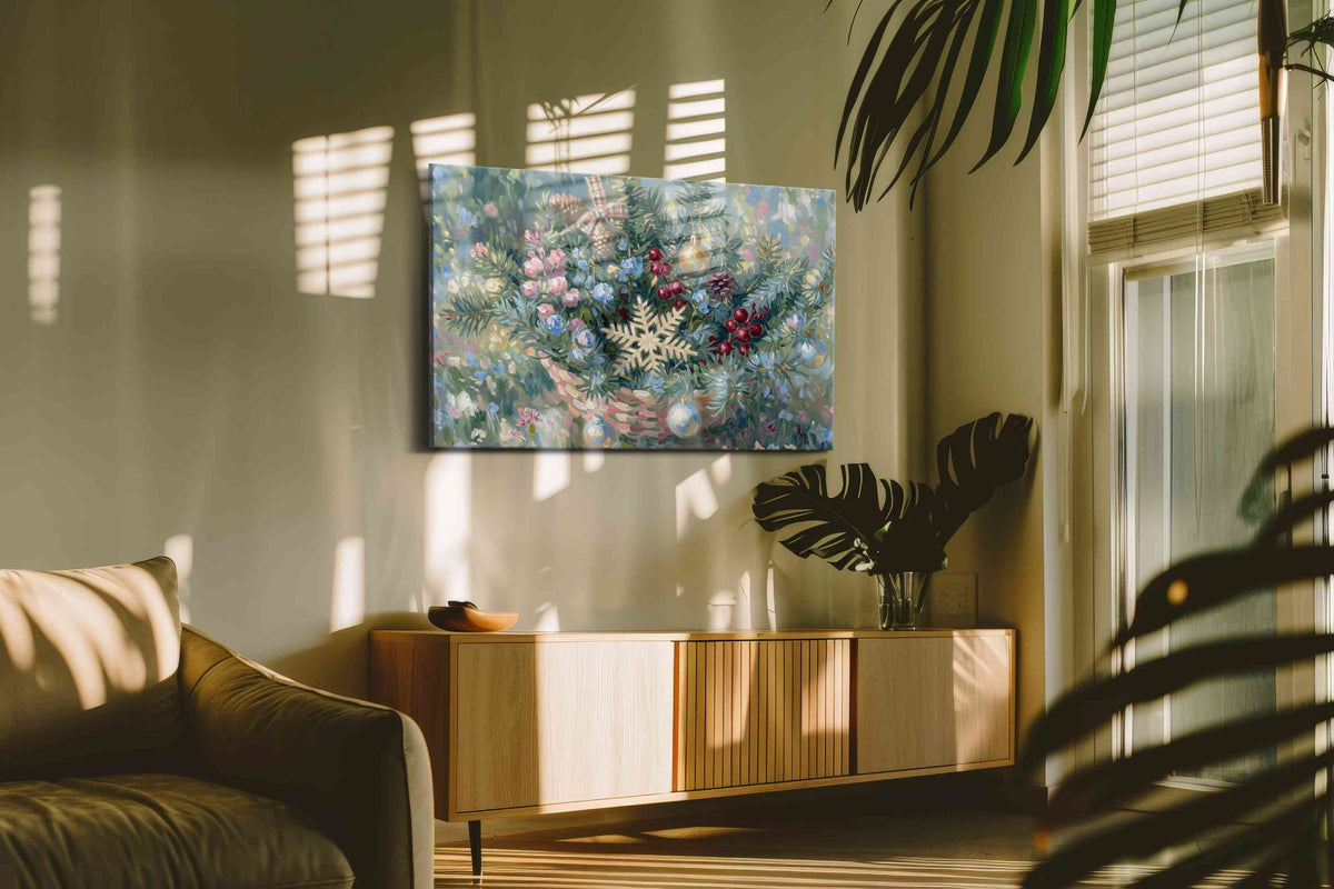 Pastel Yuletide Wreath floral canvas print, on wall, lifestyle preview