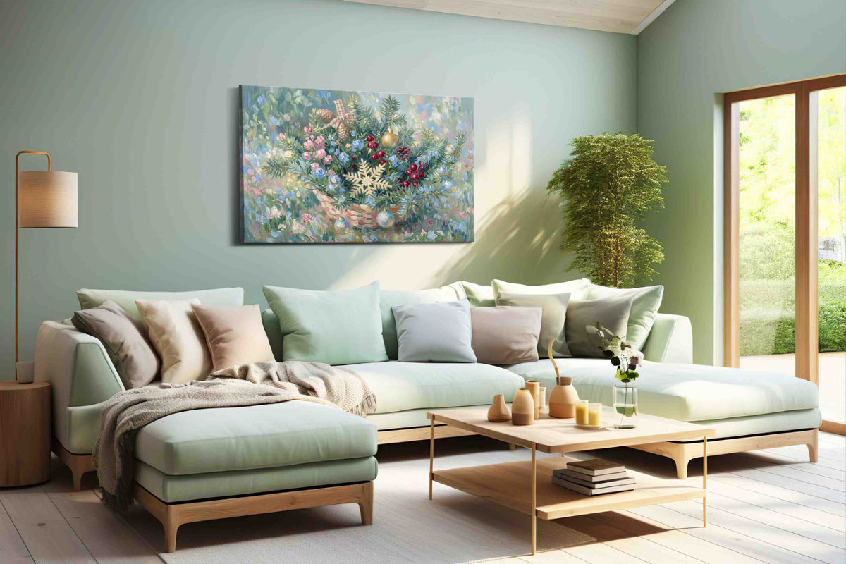 Pastel Yuletide Wreath floral canvas print, hanging on wall