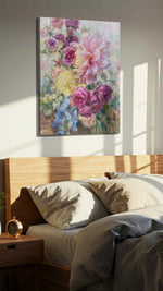 Petals in Morning Hush floral canvas print, displayed in a bedroom