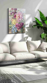 Petals in Morning Hush floral canvas print in a modern interior mockup