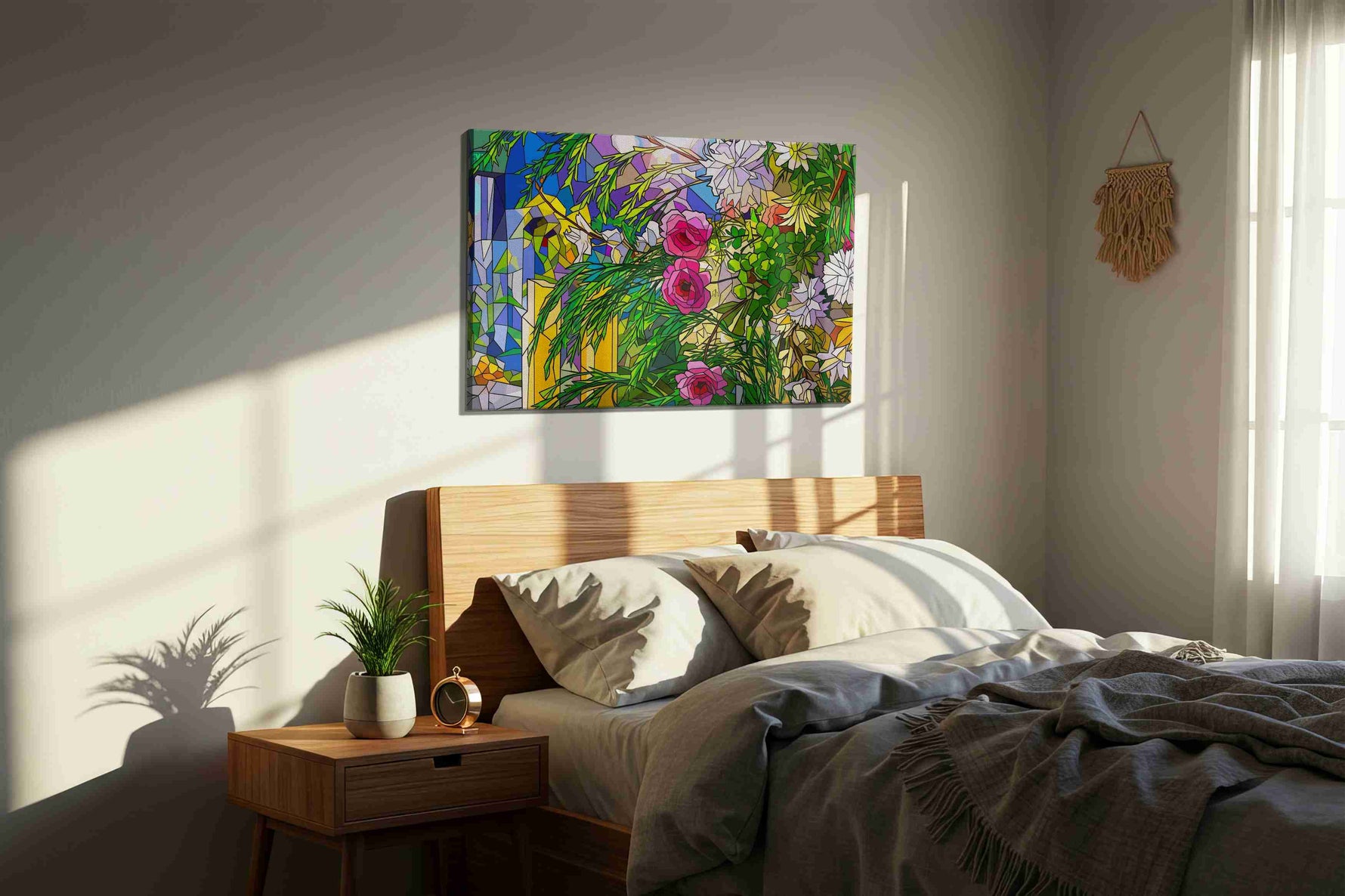 Prismatic Garden Reverie floral canvas print, displayed in a bedroom