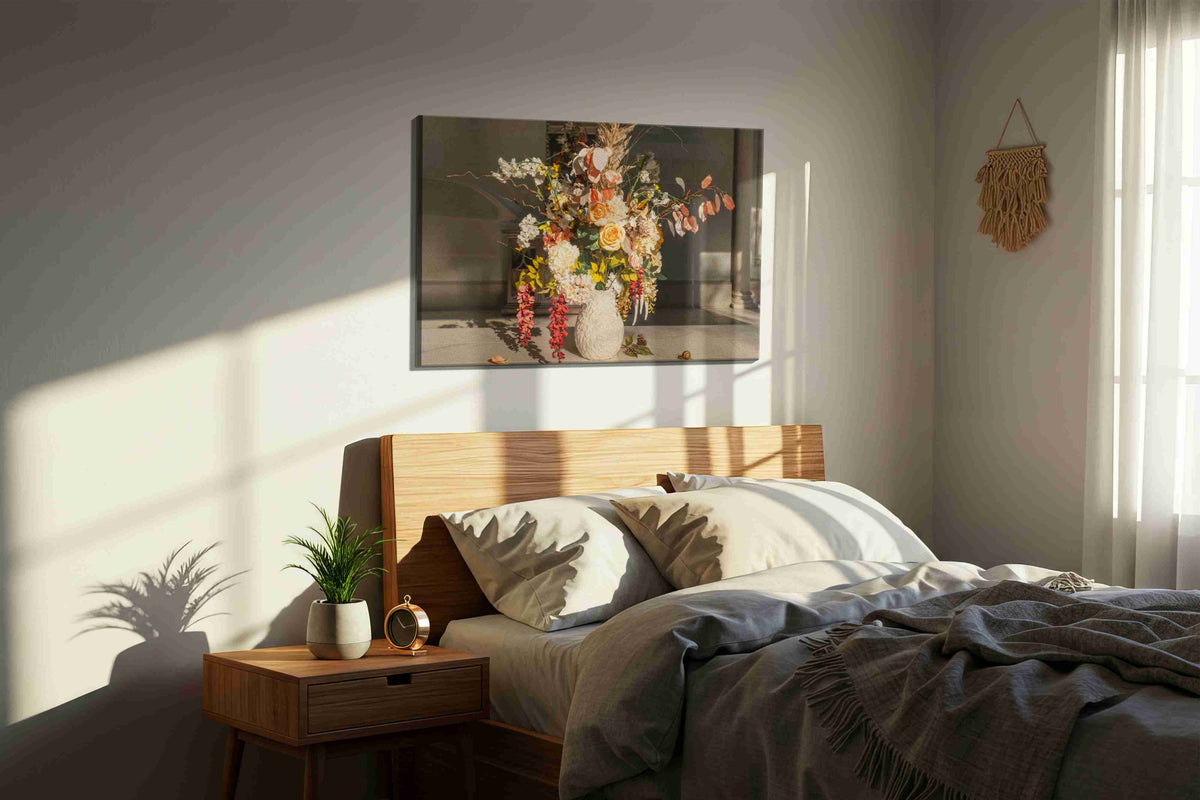 Sunlit Whisper Bouquet floral canvas print, displayed in a bedroom
