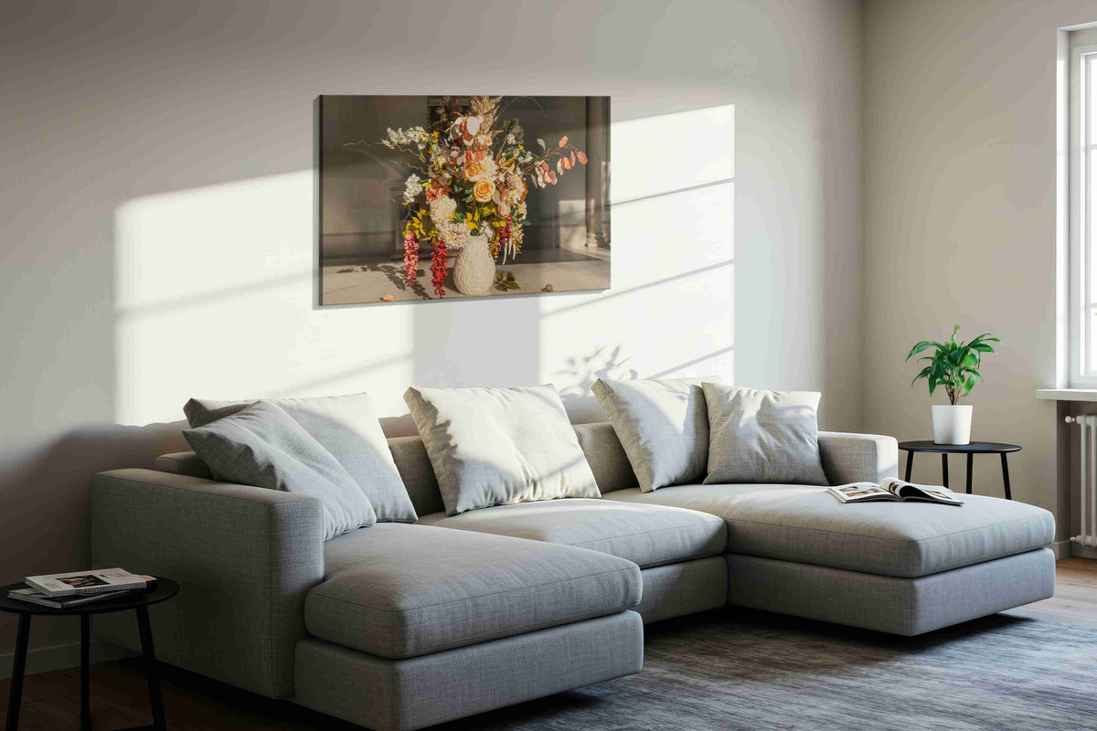 Sunlit Whisper Bouquet floral canvas print, displayed in a living room