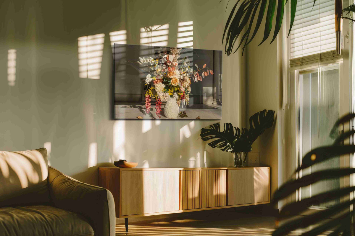 Sunlit Whisper Bouquet floral canvas print in a contemporary interior mockup