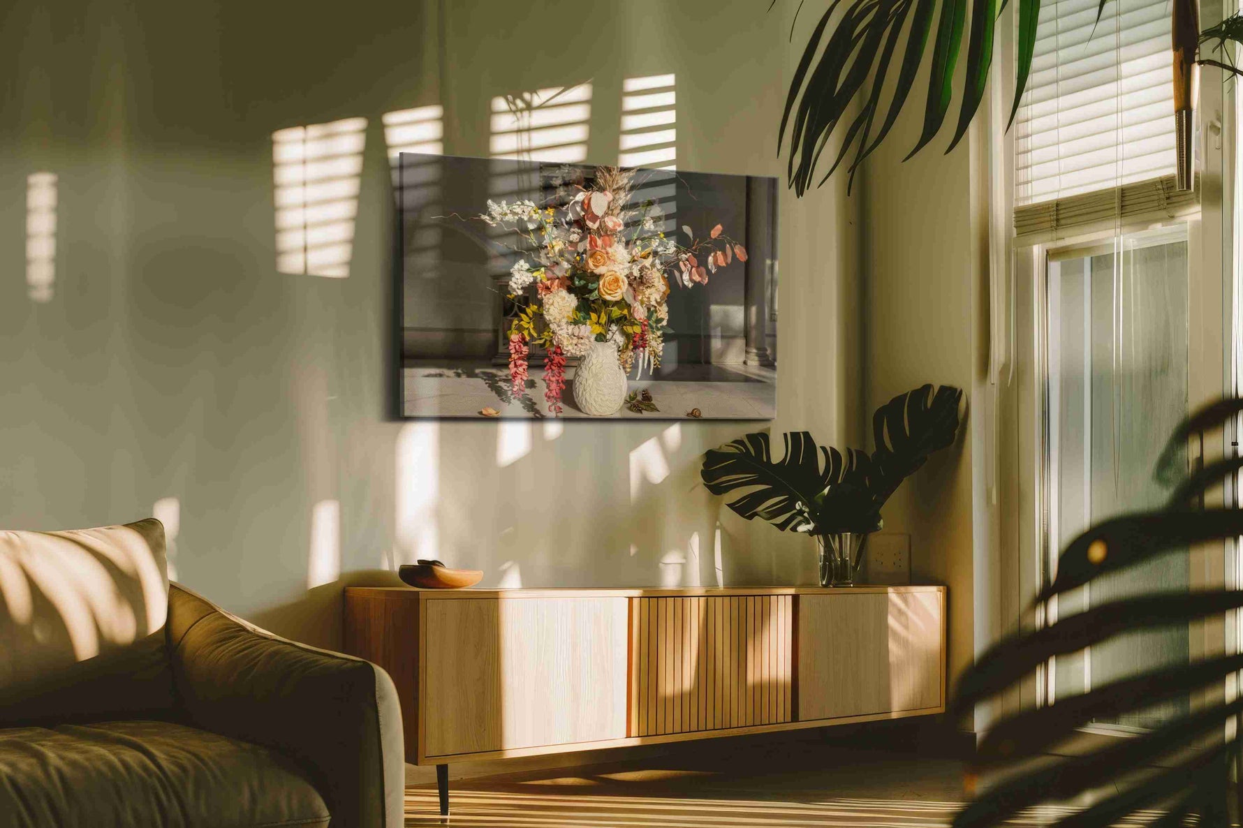 Sunlit Whisper Bouquet floral canvas print in a contemporary interior mockup