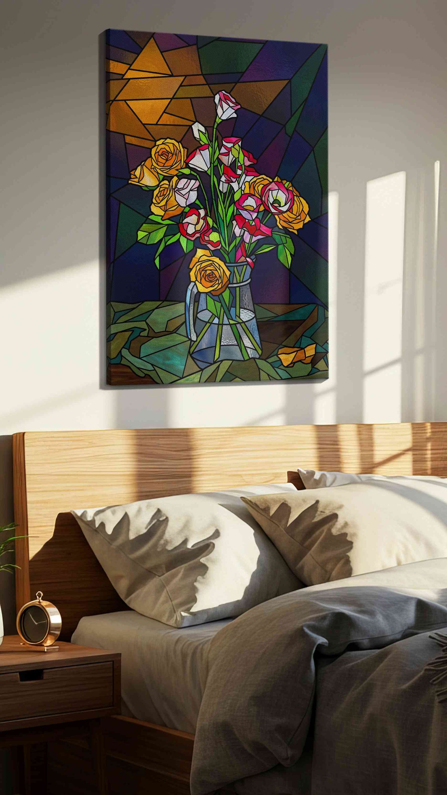 Twilight Petals in Glass floral canvas print, displayed in a bedroom
