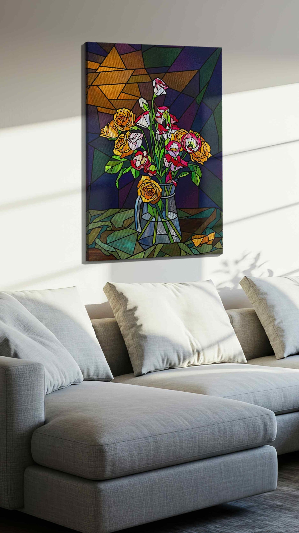 Twilight Petals in Glass floral canvas print, displayed in a living room
