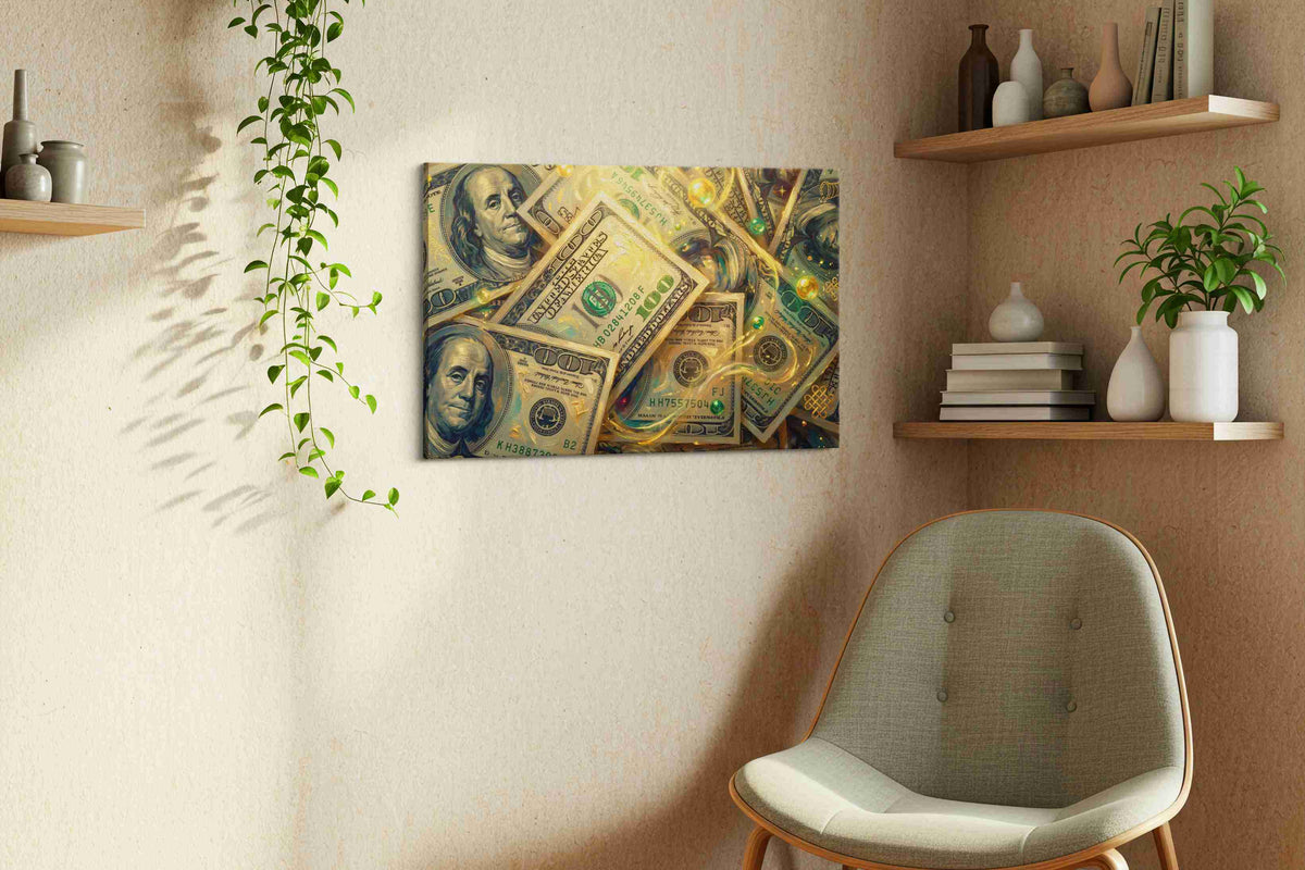 Gilded Currency Reverie fortune canvas print, displayed in a living room