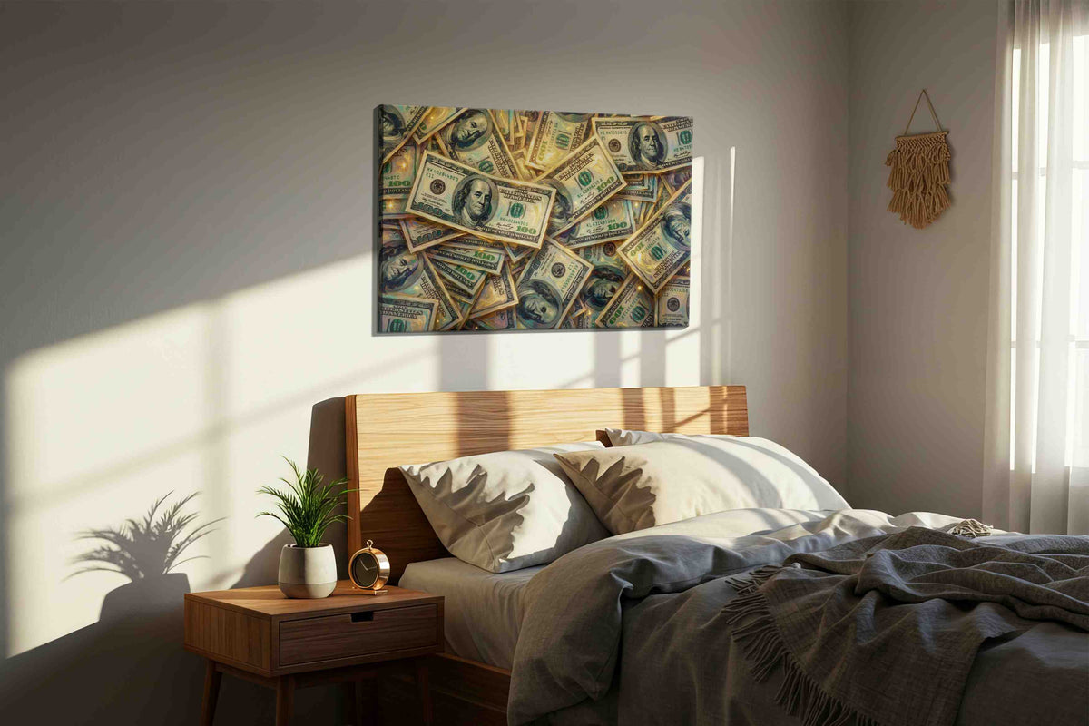 Gilded Fortune Drift fortune canvas print, displayed in a bedroom