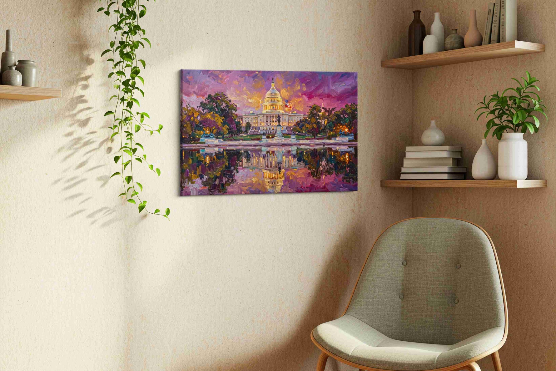 Capitol at Violet Dusk landmarks canvas print styled in a living room