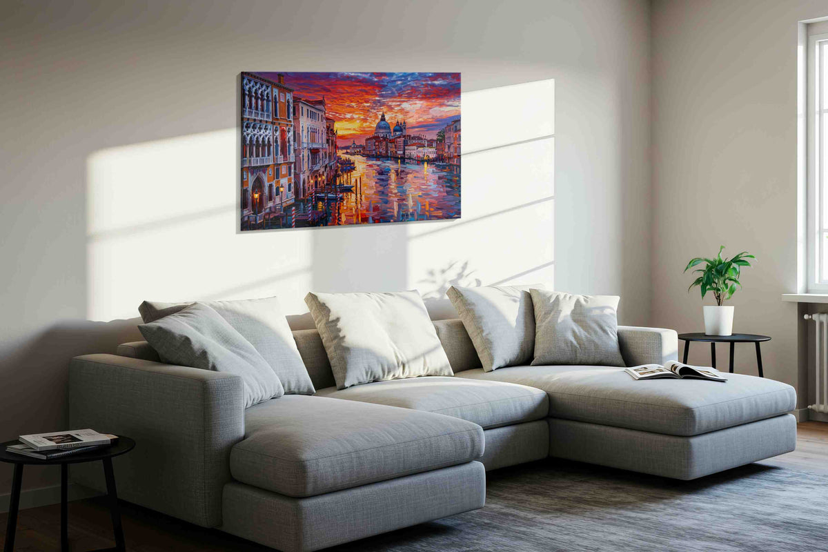 Ember Sky Over the Grand Canal landmarks canvas print, displayed in a living room