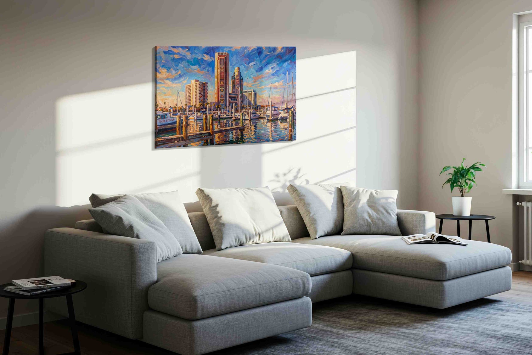 Harborlight Over Glass Towers landmarks canvas print, displayed in a living room