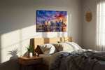 Orchid Harbor Reverie landmarks canvas print, displayed in a bedroom