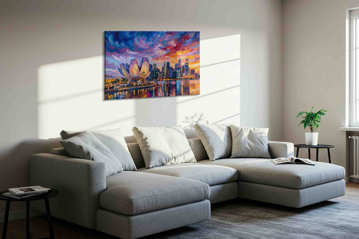 Orchid Harbor Reverie landmarks canvas print in a living room scene