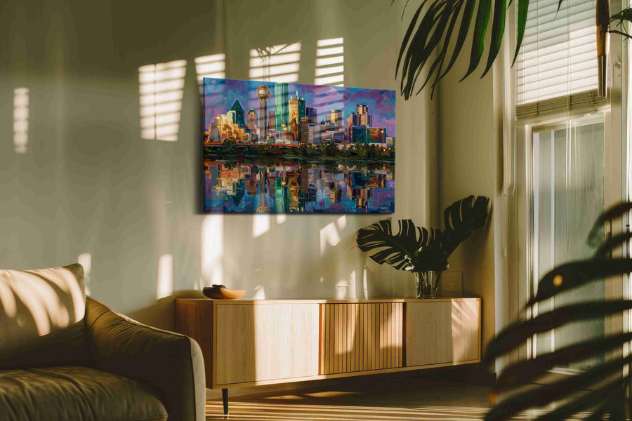 Twilight Over Reunion Tower landmarks canvas print in a hung canvas mockup