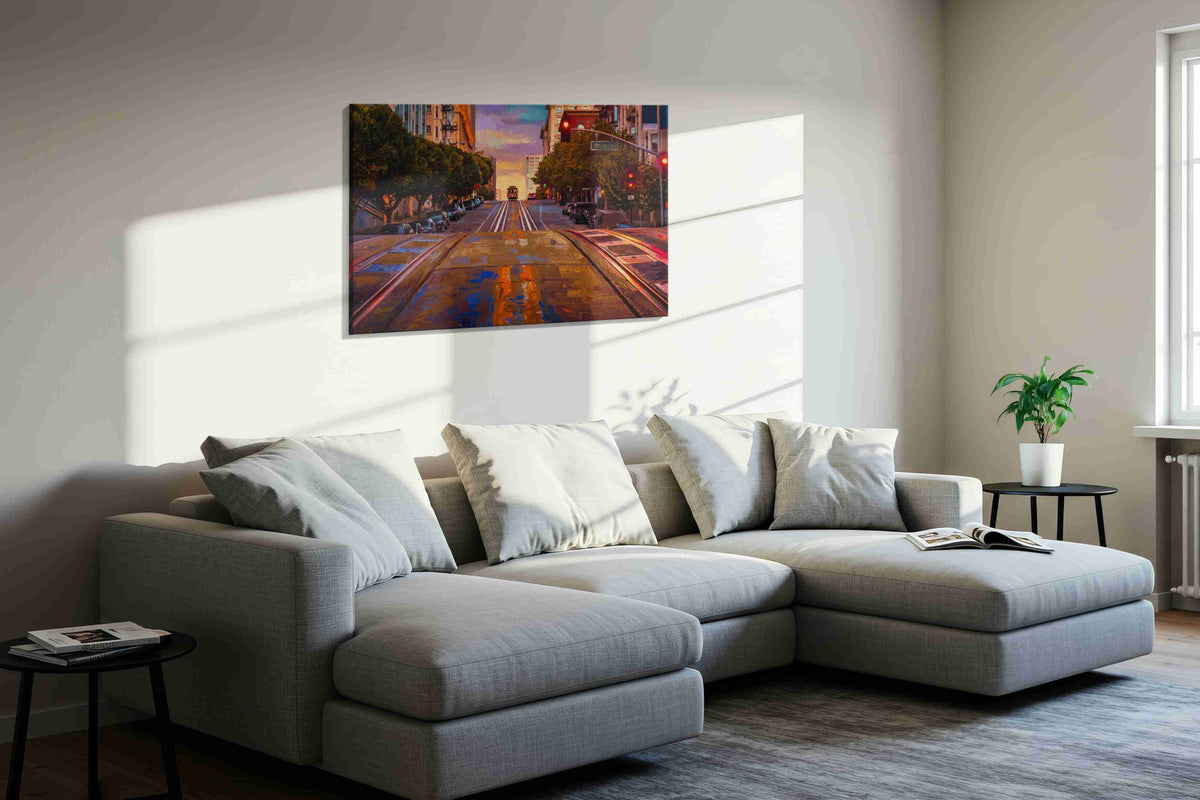 Twilight on Powell Street landmarks canvas print, displayed in a living room