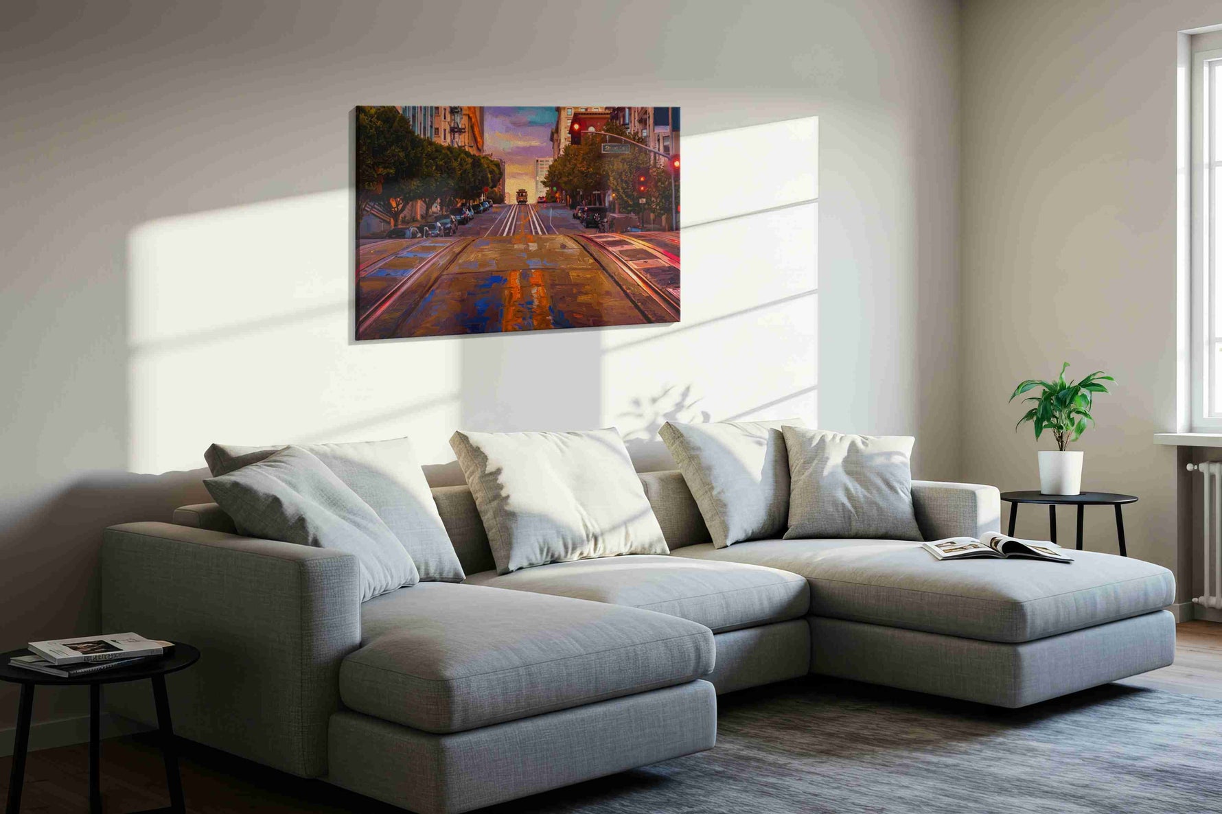 Twilight on Powell Street landmarks canvas print, displayed in a living room