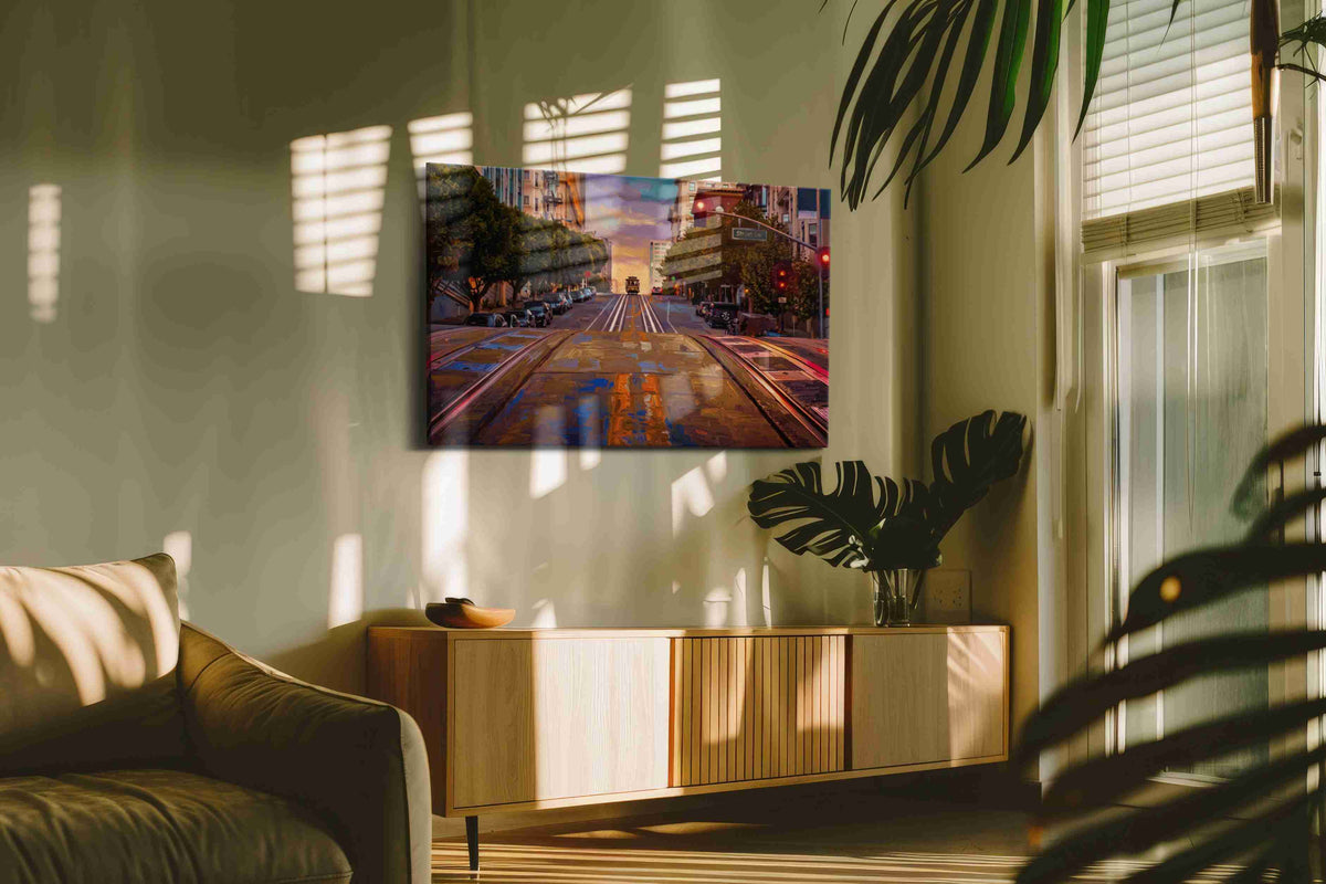 Twilight on Powell Street landmarks canvas print in a hung canvas mockup