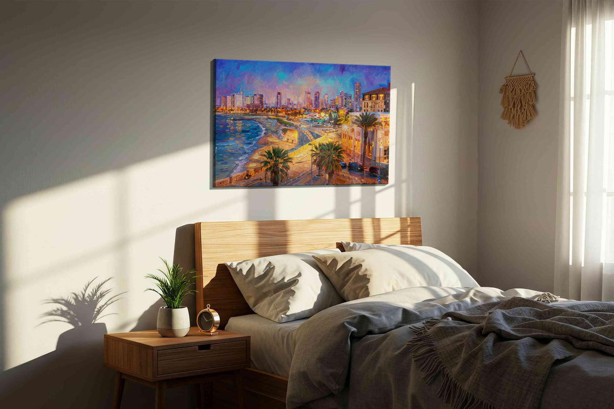 Violet Harbor Radiance landmarks canvas print, displayed in a bedroom