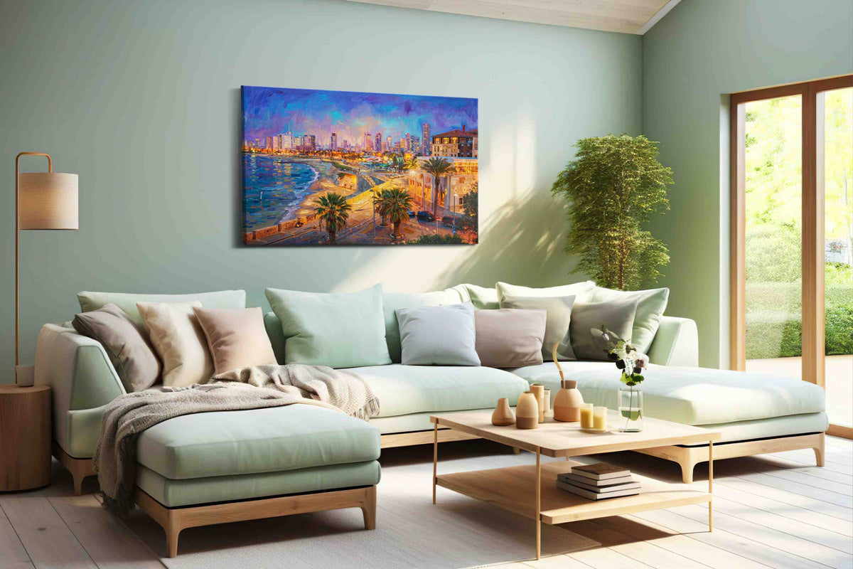 Violet Harbor Radiance landmarks canvas print, hanging on wall