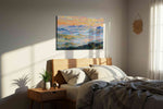 Alpenglow Over Dreaming Peaks landscape canvas print, displayed in a bedroom