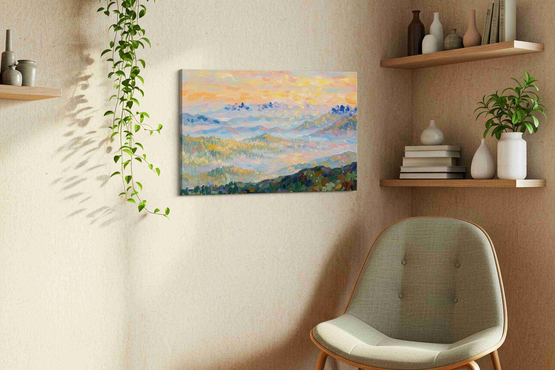 Alpenglow Over Dreaming Peaks landscape canvas print, hanging on wall — view 2